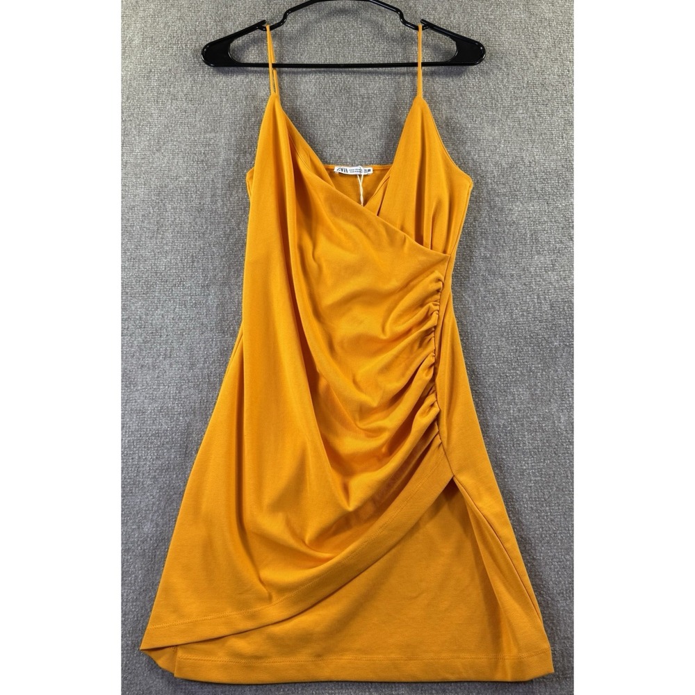 Zara Marigold Orange Draped Ruched Asymmetric Hem Cocktail Mini Dress M